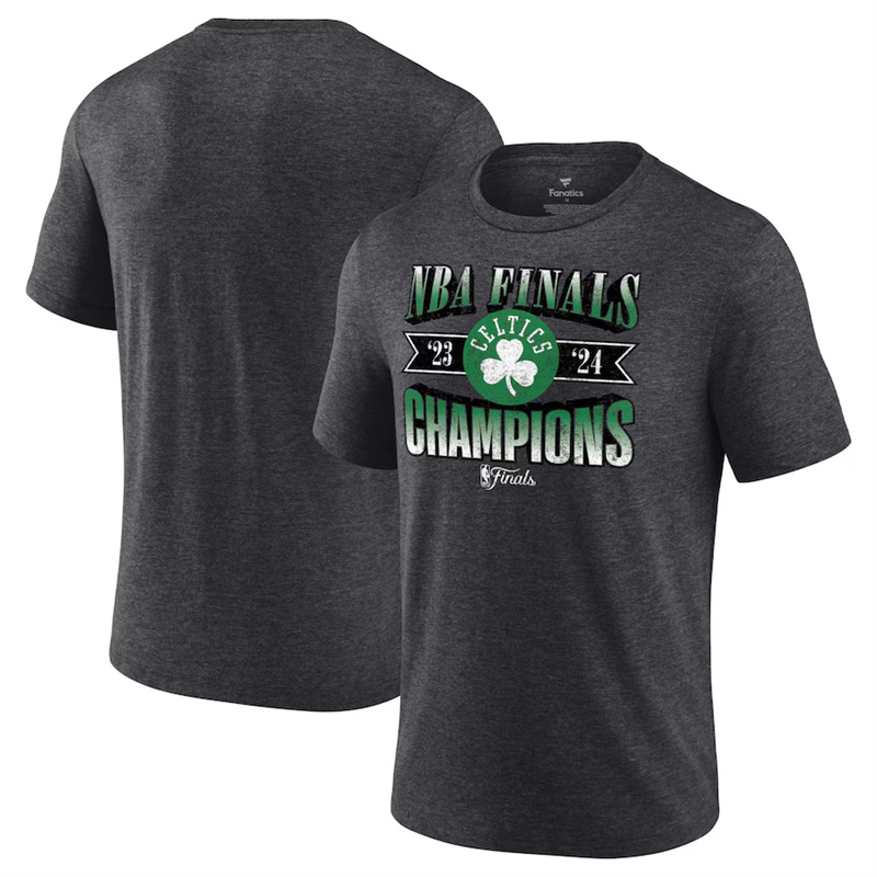 Men's Boston Celtics Heather Charcoal 2024 Finals Champions Full Court Pressure Retro Tri-Blend T-Shirt